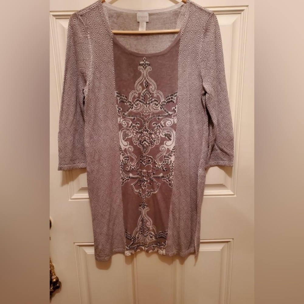 Chico’s Taupe and Champagne Beaded Long Tunic Sweater Lightweight Knit Sz S